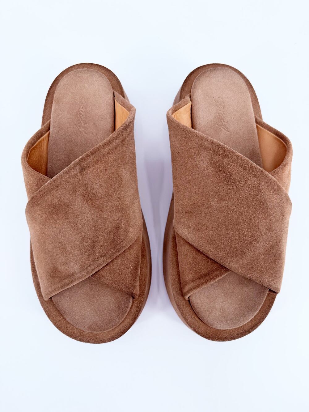 Marsell Hazelnut Beige Suede Crossover Open Toe Platform Piattaforma Sandals 40